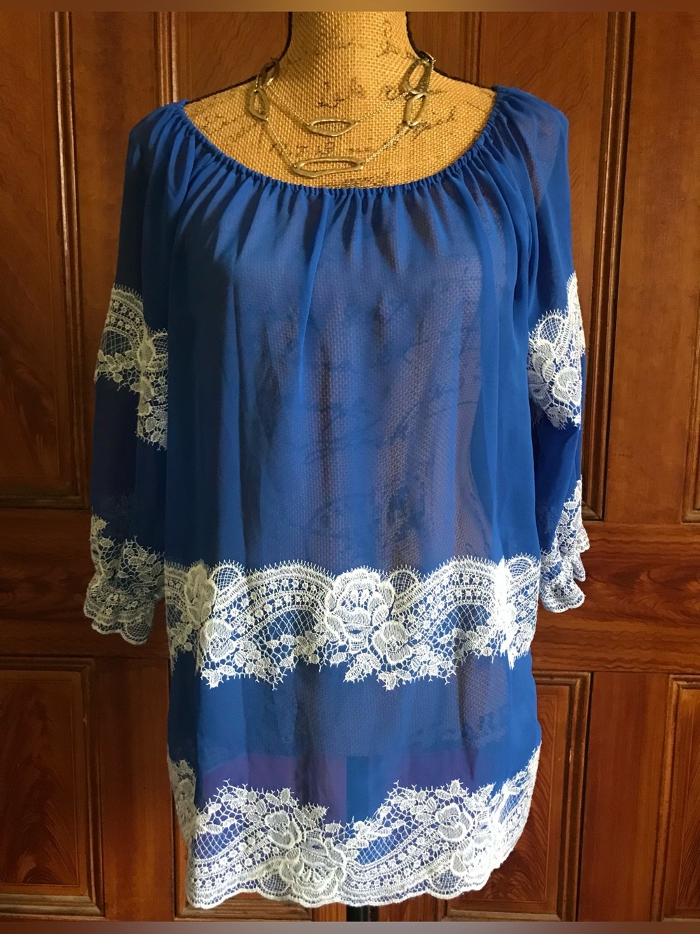 Vintage Blue Chiffon & White Floral Lace Embroidered Boho Cottagecore Blouse Top